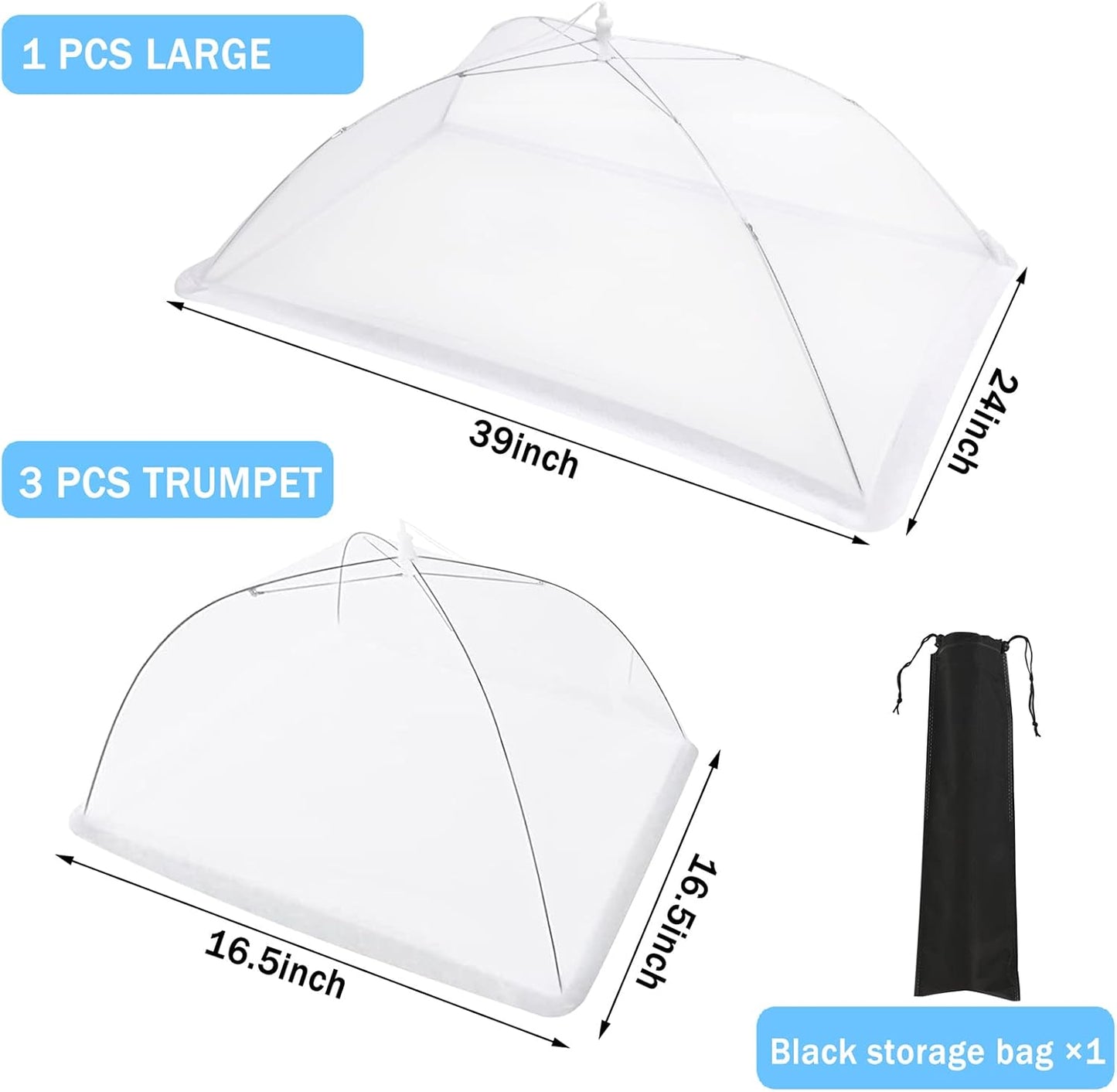 JULBEAR 4 Pcs Extra Large Mesh Food Cover Tent Umbrella Food Screen Covers for Outside Pop-up Mesh Reusable Food Nets for Parties Picnics Outdoor BBQs Collapsible (1 Pcs 40"x24", 3 Pcs 17"x17")