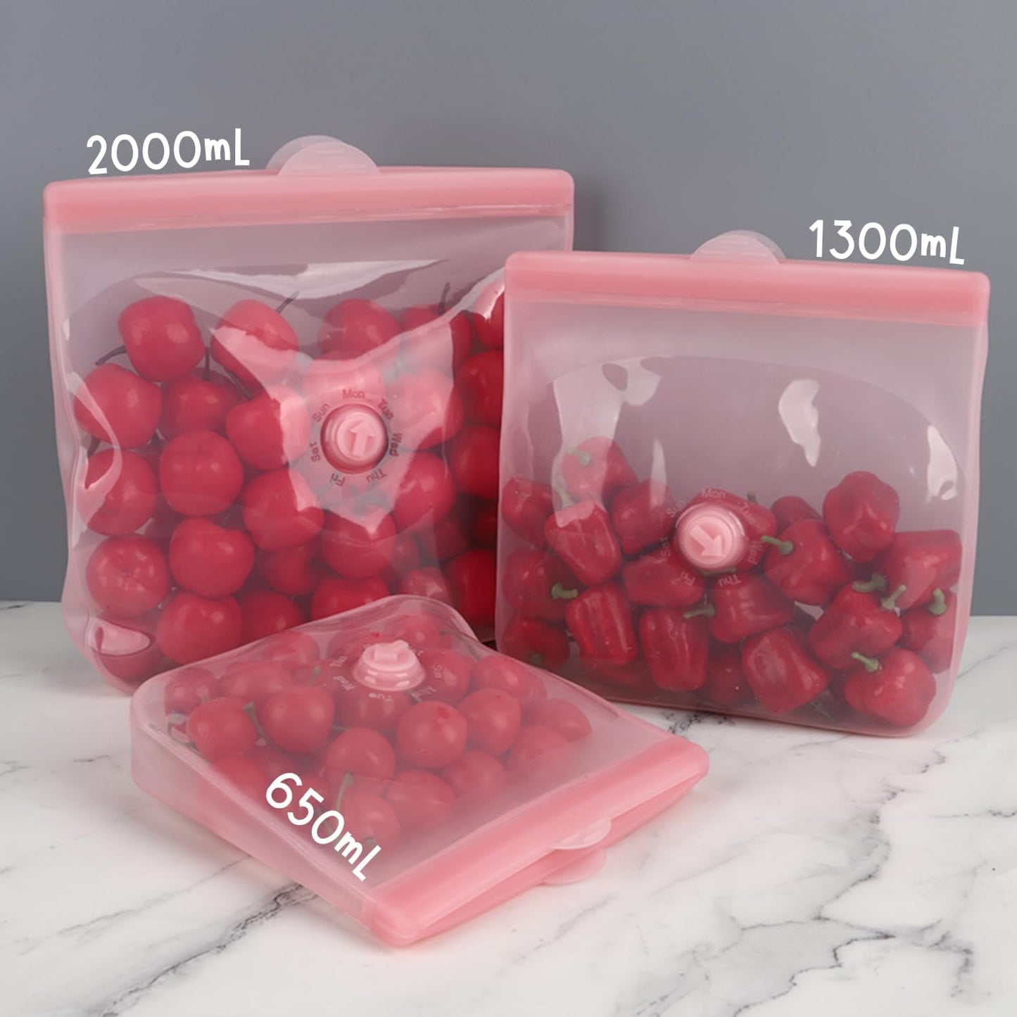 Reusable Silicone Food Storage Bags – Premium Eco-Friendly Multi-Size Set (650ml/1300ml/2000ml), Leakproof, BPA-Free, Freezer & Microwave Safe, Dishwasher Friendly (Pink)