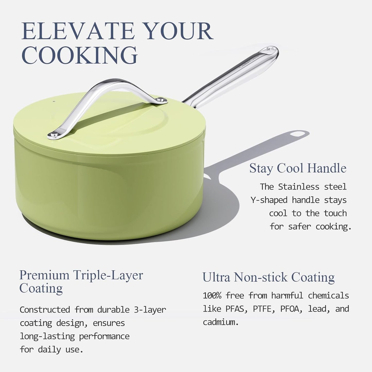 3.5qt Nonstick Ceramic Sauce Pan with Lid (8.19") Even Heat Distribution Non Toxic PFAS Free Healthy Cooking Pot for All Stovetops (Induction/Gas/Electric) Oven Safe 500°F, Avocado Green