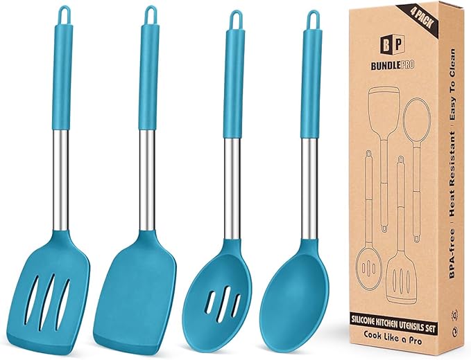 Pack of 4 Silicone Cooking Utensils Set, Non Stick Large Solid Spatulas, Heat Resistant Blue Slotted Spoons, Ideal BPA Free Kitchen Turners for Frying, Mixing,Serving,Draining,Turning,Stirring