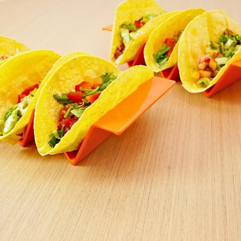 TP Taco Holder Stands, Set of 2 Melamine Large Taco Serving Rack Tray with Handle, Holds 3 Tacos, Dishwasher Safe, Ideal for Taco Night, Party, Home, Fiesta, Orange