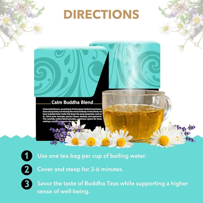 Buddha Teas - Calm Buddha Blend - Organic Herbal Tea - For Health & Wellbeing - Blend of Organic Herbs - Clean Ingredients - Caffeine Free - OU Kosher & Organic - Non-GMO - 18 Bleach-Free Tea Bags