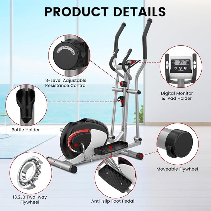 Dripex Elliptical Exercise Machine, Hyper-Quiet Elliptical Machine for Home, Magnetic Elliptical Training Machines with 8-Level Resistance, 6KG Flywheel, LCD Monitor, Pulse Sensor