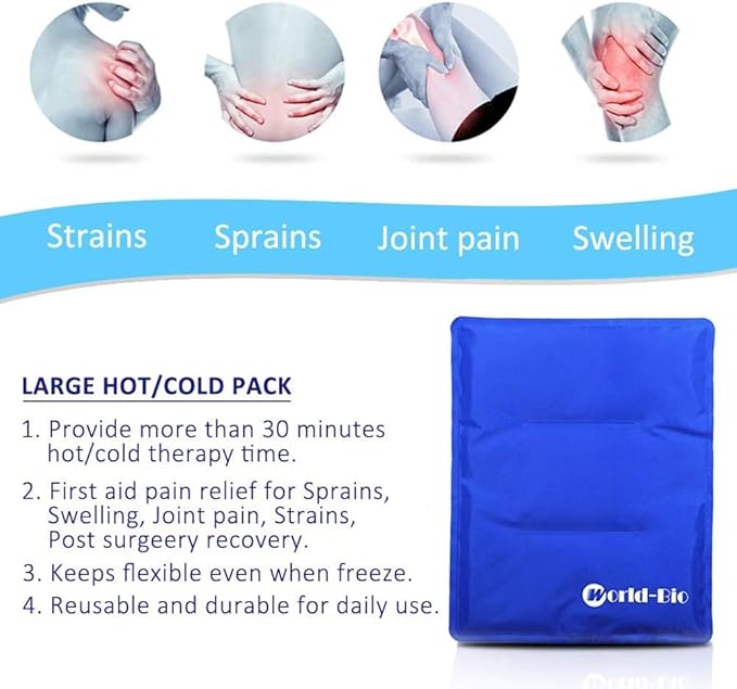 WORLD-BIO Large Gel Ice Pack Wrap for Injuries, Reusable Cold Compress Therapy Ice Pack with Straps for Swelling, Bruises, Hip, Knee Replacement Surgery, Back, Shoulder,11" x 14" Blue
