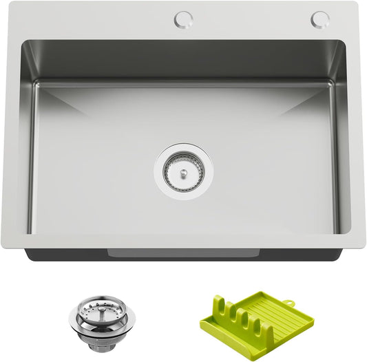 25x18 Inch Kitchen And Bar Sink - Stainless Steel Drop In Single Bowl Topmount Modern Kitchen And Bar Sink With Spoon Rest,Drain Strainer Set Compatibility With Various Kitchen&Bar Style