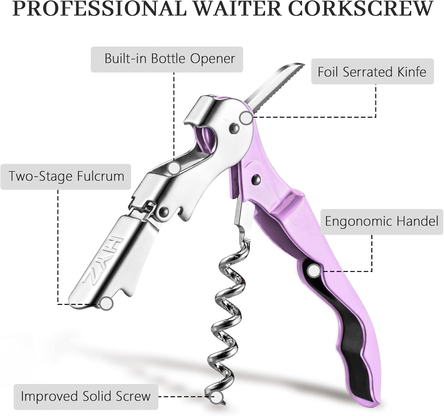 HYZ 2-Pack Wine Opener Waiter Corkscrew, Professional Wine Key for Servers, Bartender with Foil Cutter, Manual Wine Bottle Opener Double Hinged (Light Purple)