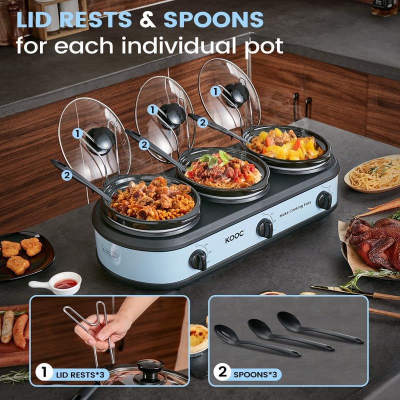 KOOC Triple Slow Cooker Buffet Server and Food Warmer 3x1.5 Quart Individual Temp Control With Lid Rests & Spoons With Liners Included Blue Grey