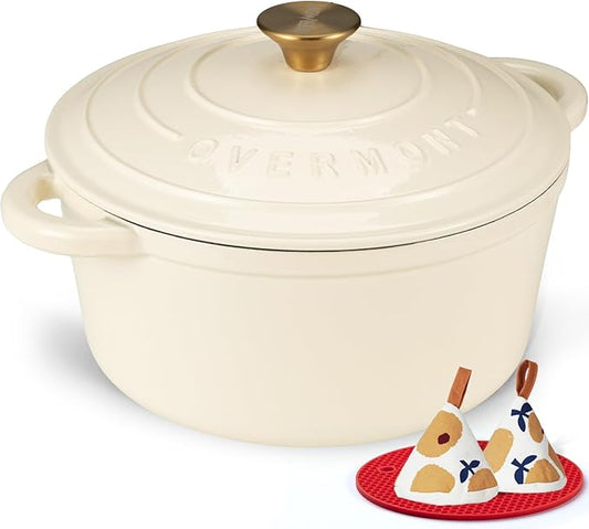 Overmont Enameled Cast Iron Dutch Oven - 5.5QT Pot with Lid Cookbook & Cotton Potholders - Heavy-Duty Cookware for Braising, Stews, Roasting, Bread Baking Cream White