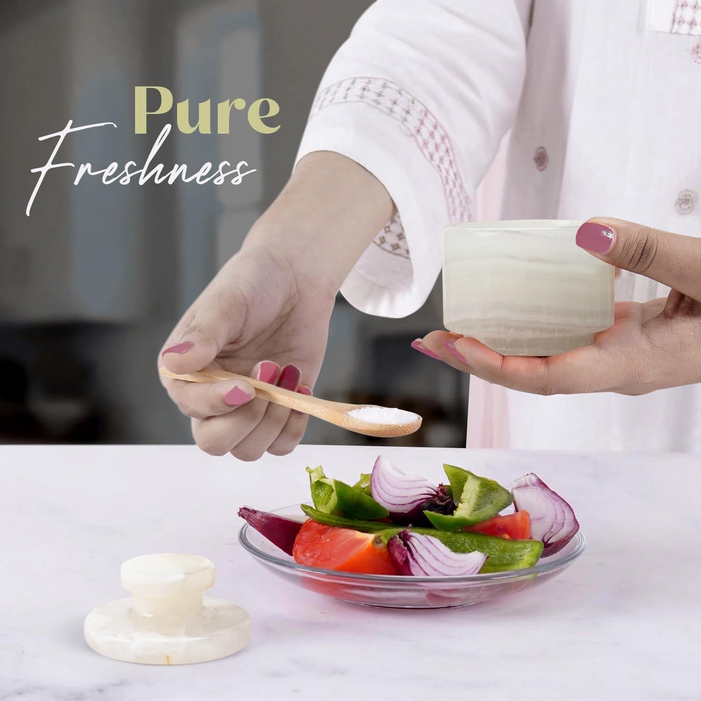 Marble Salt Cellar 3 Inch White Onyx Salt Holder With Lid for Spice Jar & Stone Salt Container, Modern Sugar Bowl