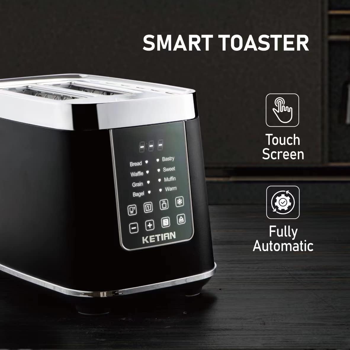 Smart Toaster Touchscreen, KETIAN Automatic Electric Digital Toaster 2 Slice, 7 Browning Settings, Preset Modes for 7 Types of Bread, 1400W