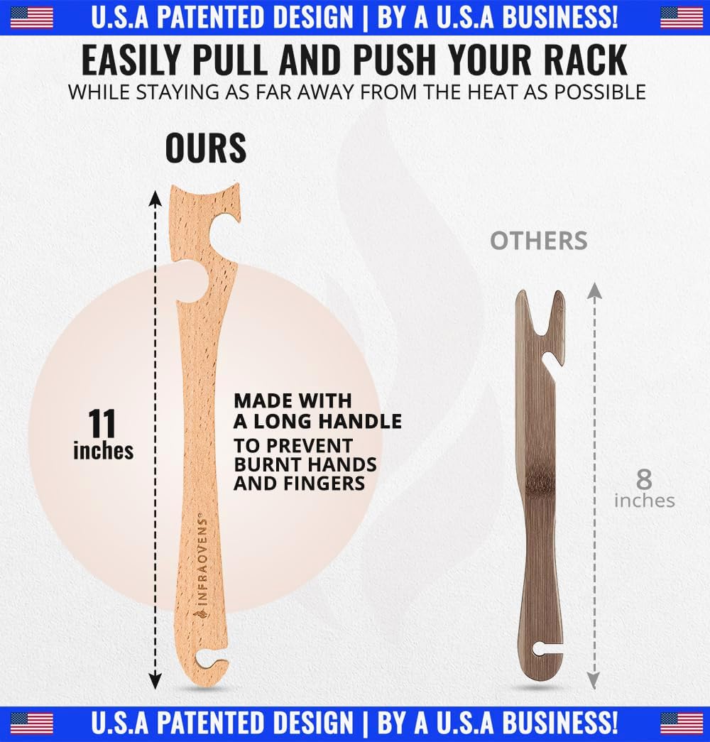 Wooden Oven Rack Puller Stick, Push Pull Tool with Longer Handle Ideal for Kitchen Oven, Convection and Toaster Ovens, Air Fryer and Small Kitchen Appliances by INFRAOVENS