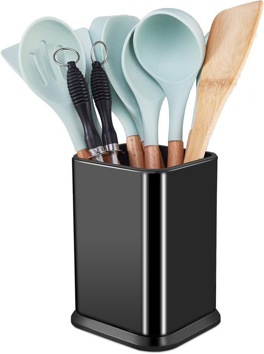 RedCall Stainless Steel Kitchen Utensil Holder for Countertop, Spoon Spatula Organizer,Modern Rectangular Large Cooking Utensil Caddy Counter,Utensil Crock (Stainless Steel Black)