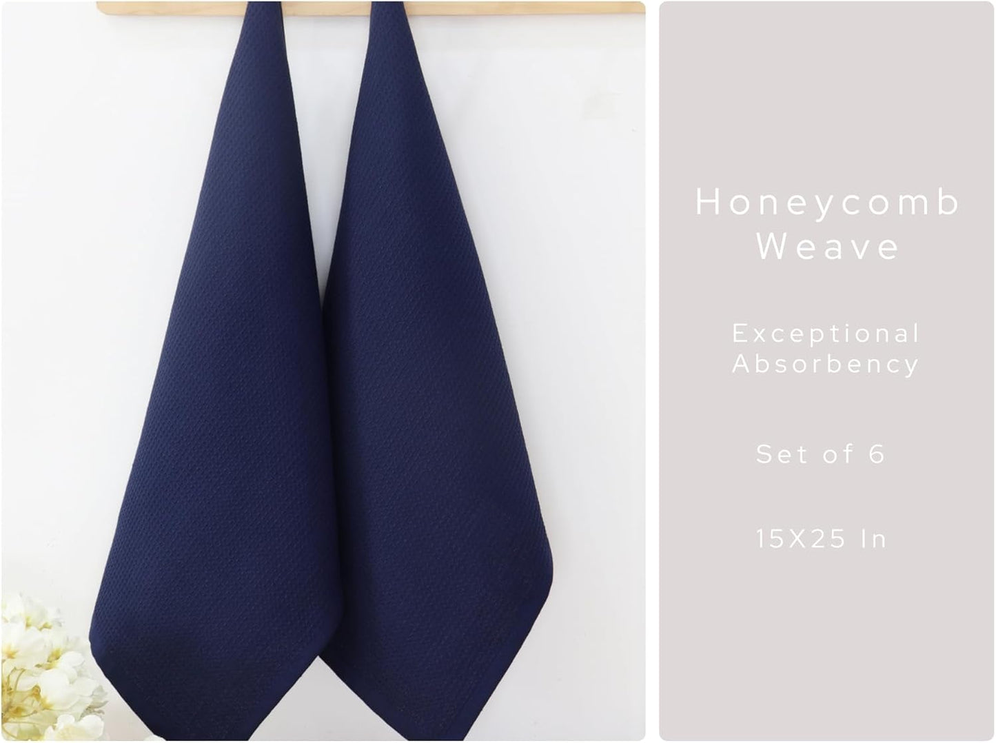 PurpleEssences Waffle Weave Kitchen Towel, 100% Cotton - 15 x 25 Inches, with Hanging Loop Ultra Soft Absorbent Quick Drying Dish Cloth, Tea and Hand Towels, 6 Pack - Navy Blue