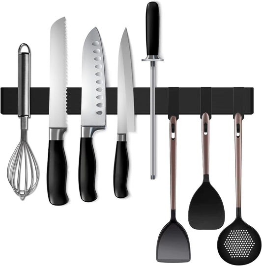 Black Magnetic Knife Strip for Refrigerator - Larger 17 inch Double Sided Stainless Steel Magnetic Kitchen Knife Holder with hooks for Wall/fridge - Strong Knife Strip Magnet/Knife Rack/Knife Bar