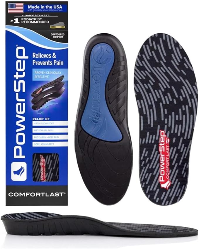 PowerStep Comfort Last Insoles, Cushioning Gel Insoles for Standing All Day, Supports Metatarsal Pain, Foot Arch, Heel Pain, All Day Comfort, Made in The USA (Men's 9-10.5 / Women's 11-12)
