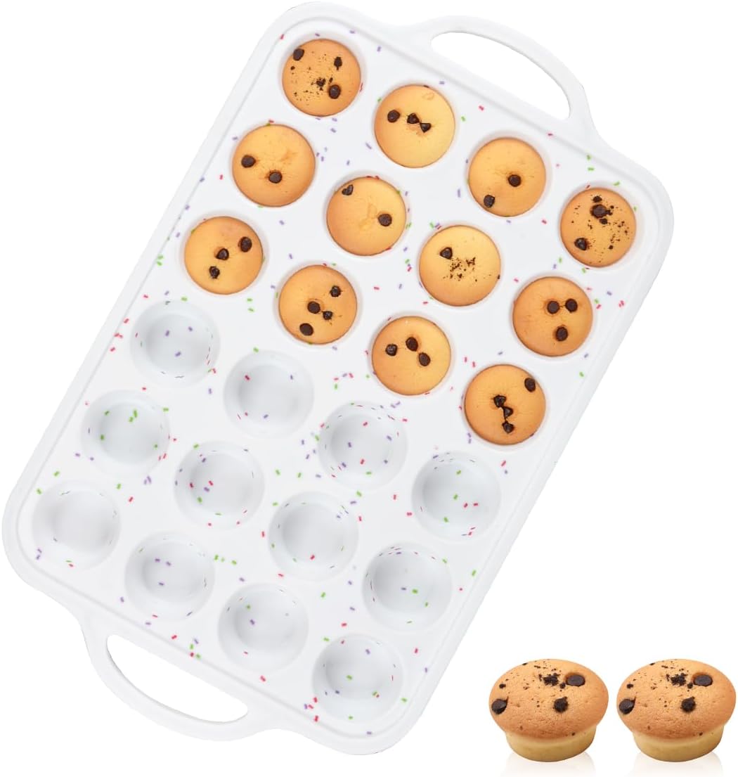 CAKETIME Mini Muffin Pan,Metal Reinforced Frame Silicone Cupcake Pan，Easy To Handle Nonstick 24 Cups Small Muffin Pan, White