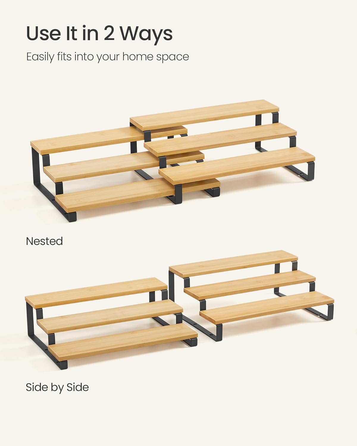 SONGMICS Display Risers, Set of 2 Engineered Wood Perfume Organizer Stand, 3-Tier Cupcake Stand Holder, Spice Rack, Shelf Risers for Figures, Dessert Shelves, Natural Beige and Ink Black UKCS016N01