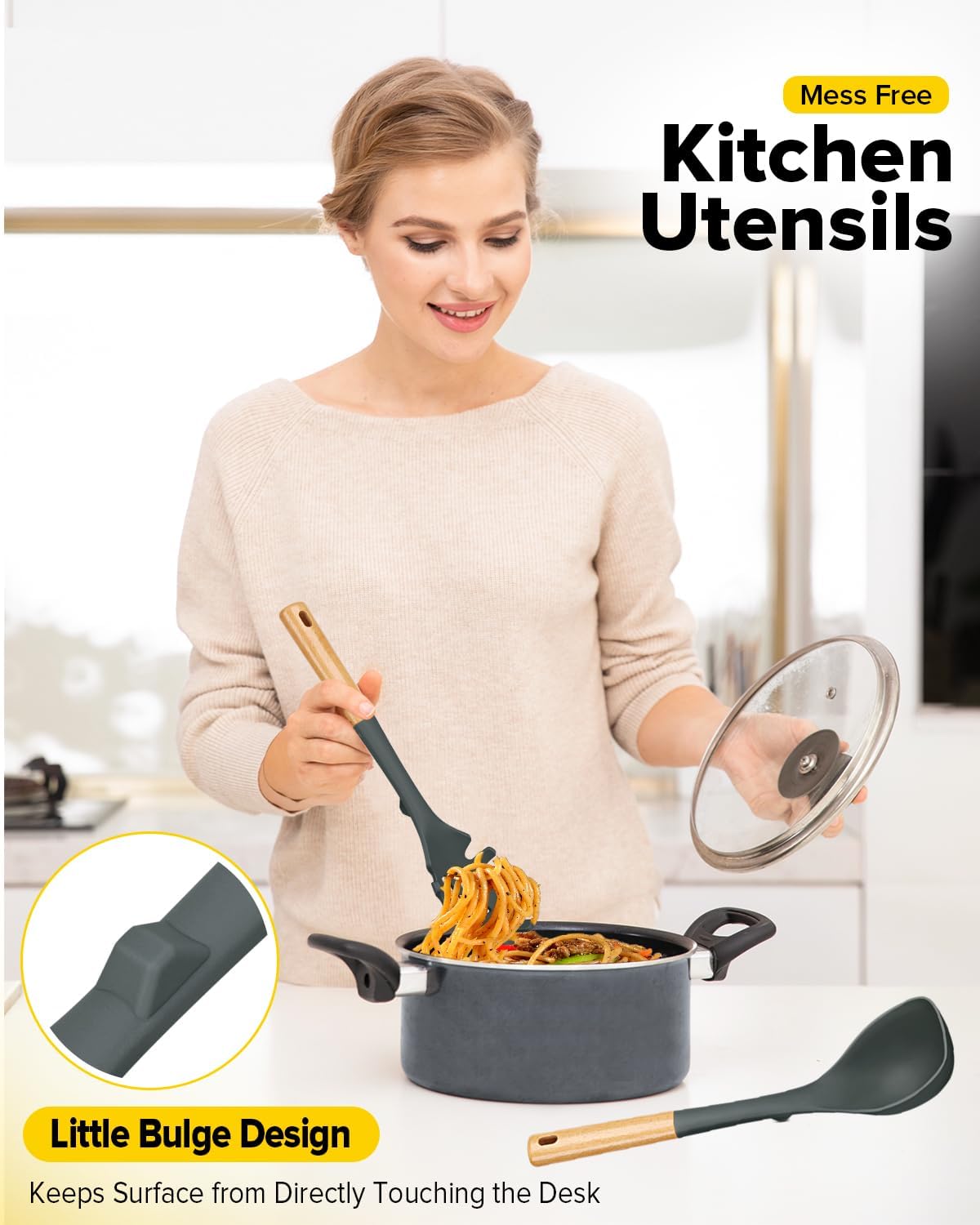 Silicone Soup Ladle and Spaghetti Spoon Set with Wooden Handle, Non Stick Heat Resistant Kitchen Utensils for Cooking, Stirring, Serving Pasta, Soup & Sauce(GRAY)