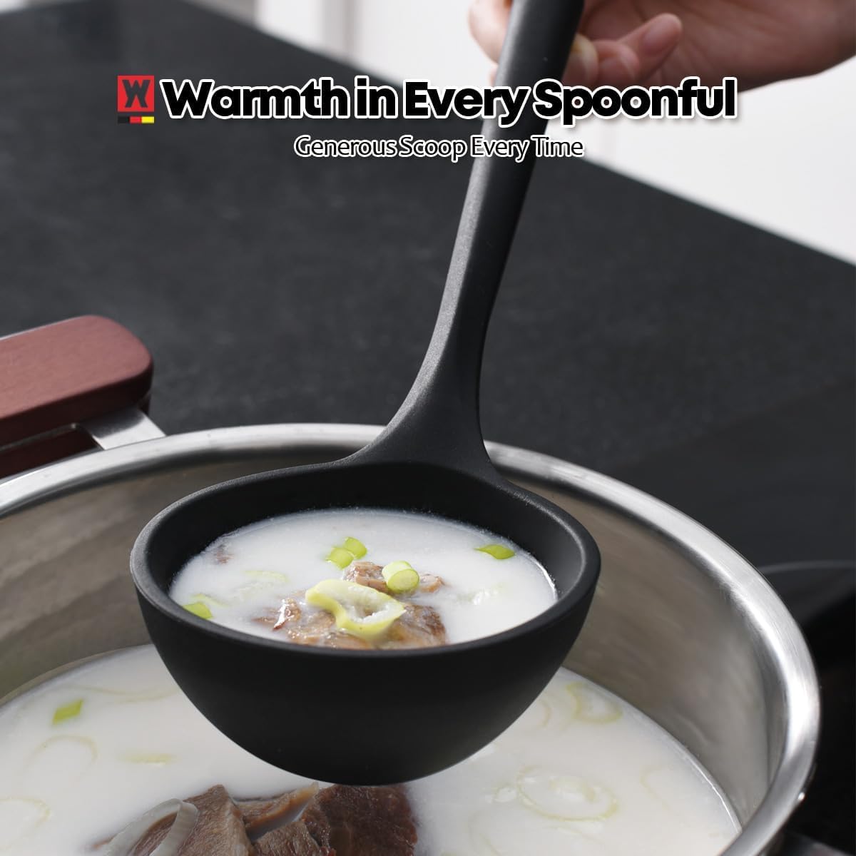 Set of 2pc Silicone Cooking Utensils: Wooden Handle Slotted Spatula + Cooking Ladle, Heat Resistant Cooking Utensil, BPA Free, Protects Surfaces with Gentle Head Design