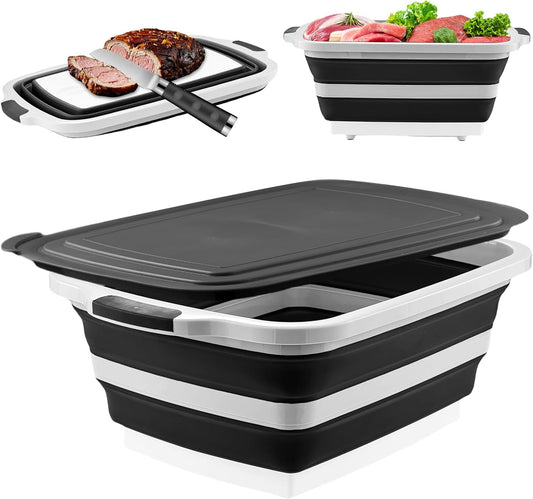 Collapsible BBQ Prep Tub with Cutting Board & Lid – 7.95 Gal / 30L Space-Saving Food Container – BPA-Free Heavy-Duty Plastic, Dishwasher Safe with Drain Hole – Offset Smoker, Backyard & Grilling