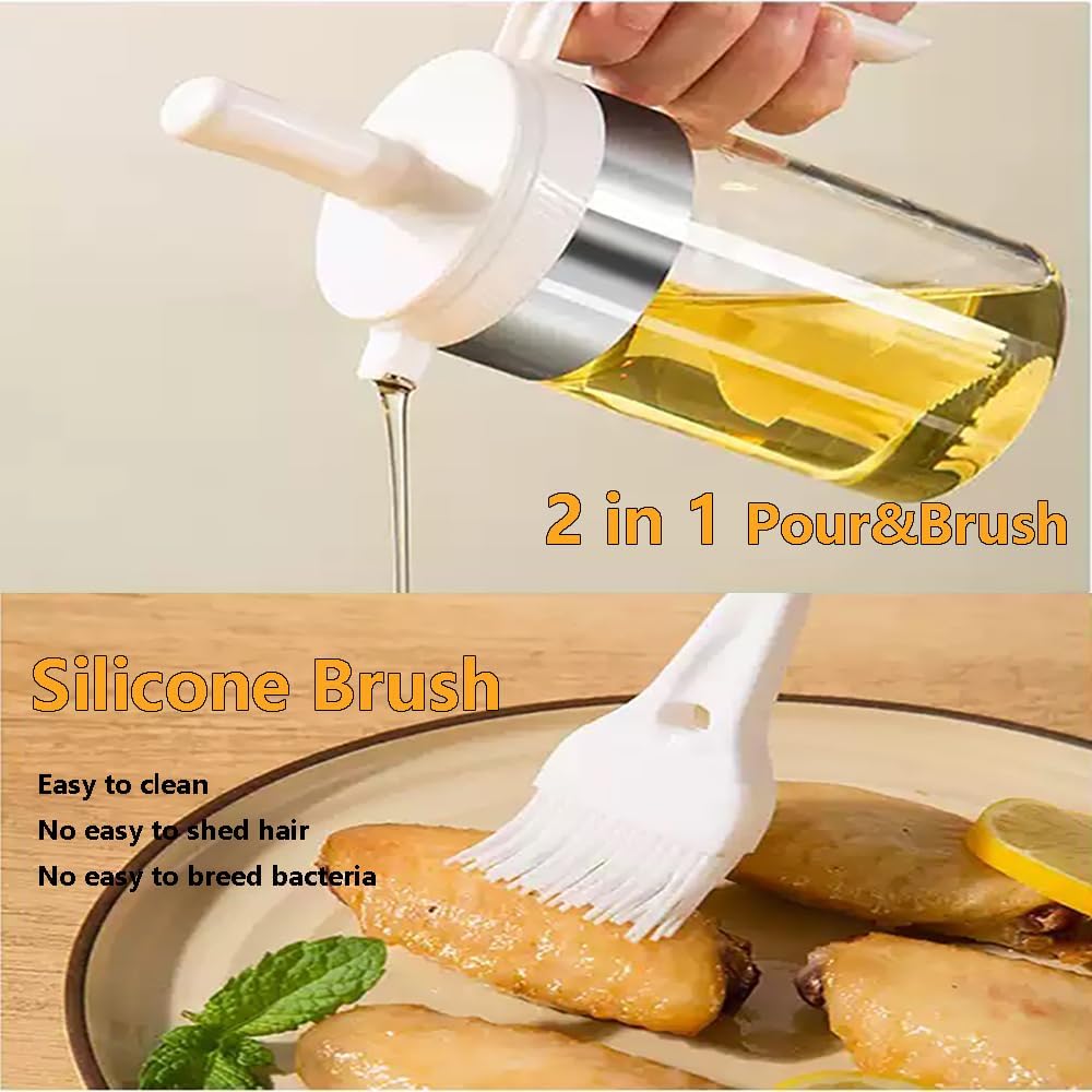 Olive Oil Dispenser Bottle with Brush- 2 in 1 Oil Dispenser & Silicone Brush for Kitchen Cooking Vinegar Sauce BBQ Salad Grill Frying- 200ml/7oz, White