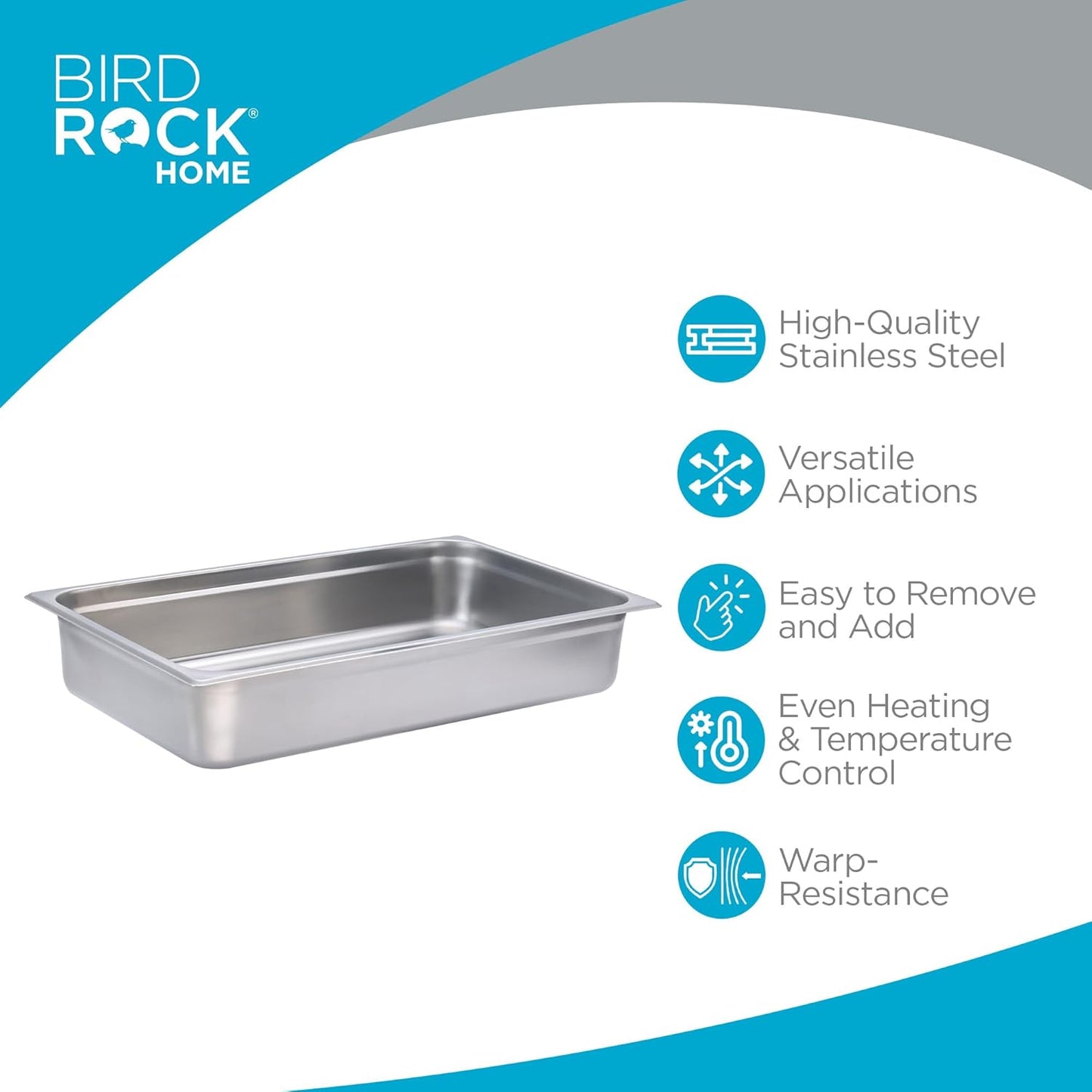 BIRDROCK HOME Stainless Steel Steam Table Pan - Hotel, Restaurant & Catering Supplies - 24 Gauge Steel, 14 qt Capacity - Meal Prep, Cooking, & Food Storage Container - 4" Depth, Full-Size (6 Pack)