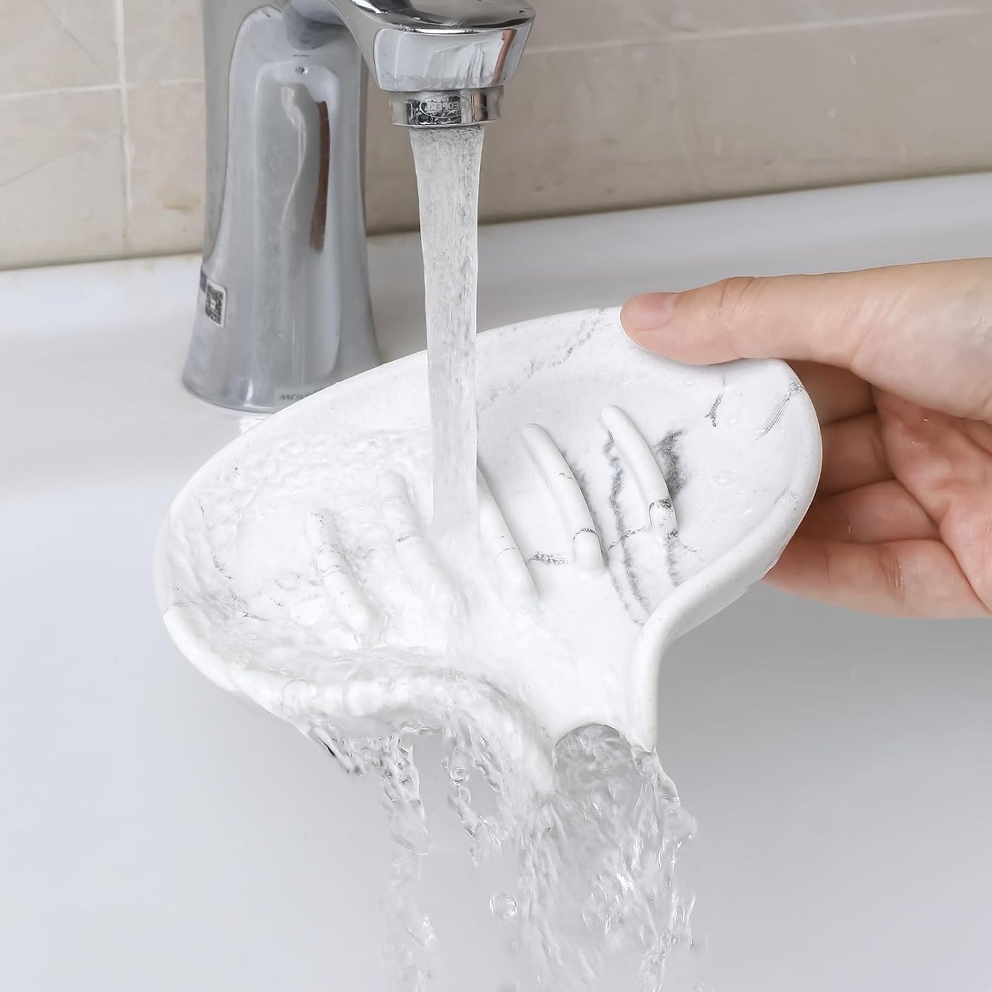 Soap Dish with Drain- Self Draining Bar Soap Holder for Shower, Marble Look Soap Savers Soap Tray Sponge Holder for Kitchen, Bathroom, Bathtub Sink, White