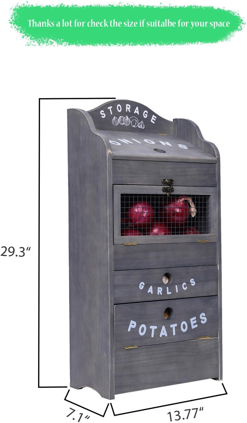 ARTAWEIN Potato Storage Bin Wall-mountable Potato Box with Lid Rustic and Garlic Drawer Onion Organizer with Grocery Section Decorative Vegetable Organization Cabinet for Kitchen