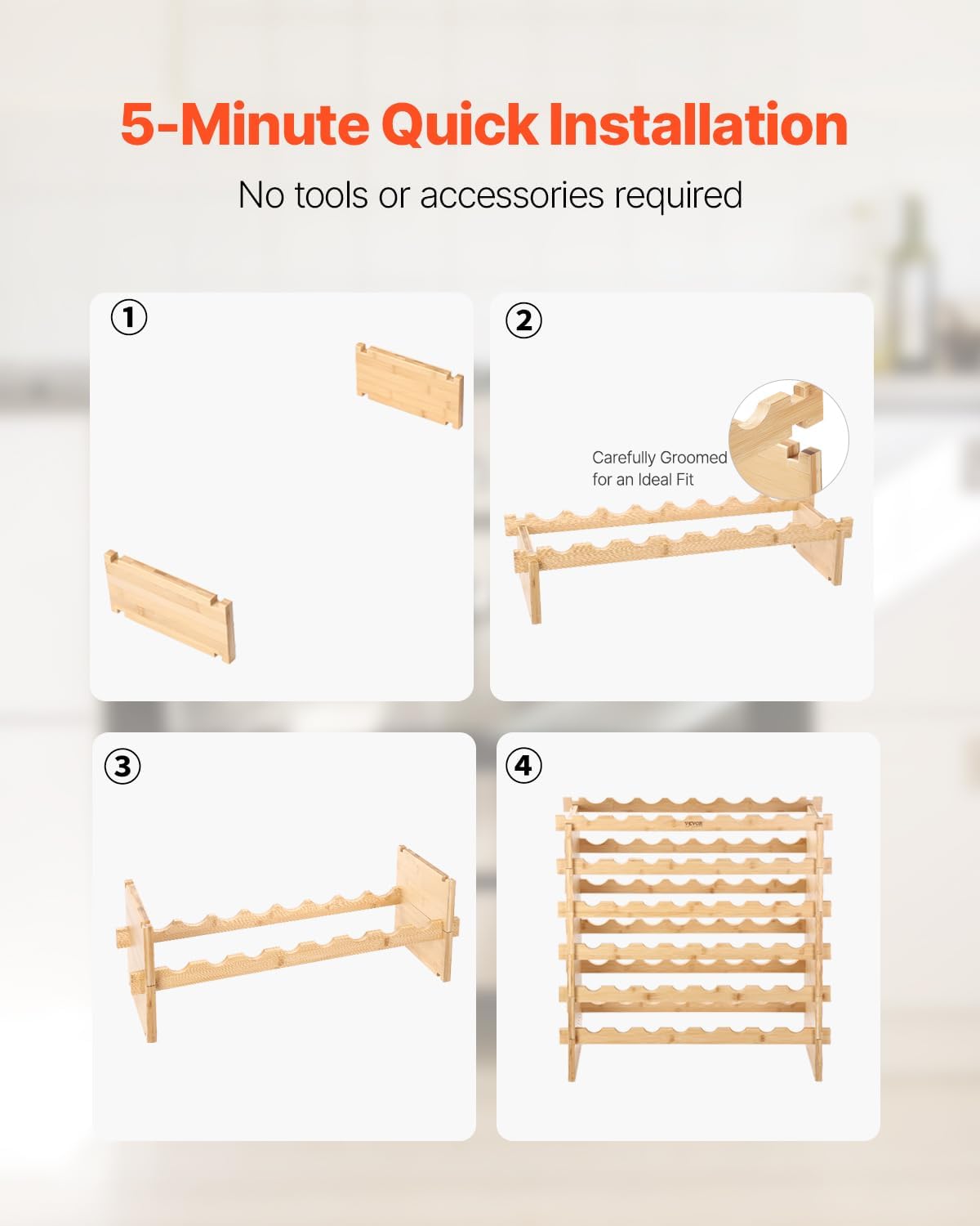 VEVOR Stackable Modular Wine Rack, 6-Tier 48 Bottles, Freestanding Wines Holder Display Shelf, Solid Bamboo Wood Storage Racks, Wobble-Free Shelves for Kitchens, Dining Rooms, Cellars, Natural Color