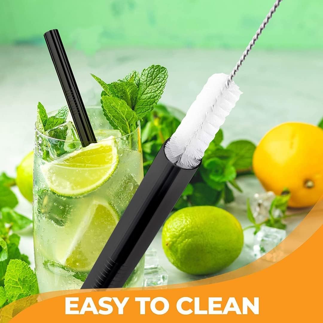 Vinaco Reusable Smoothie Straws & Milkshake Straws 0.4" Wide Mouth Straw, Set of 6 Stainless Steel Straws 8.5"&10.5" with 1 Long Straw Cleaner Brush，Black Metal Straws for Jumbo Thicker Drinks