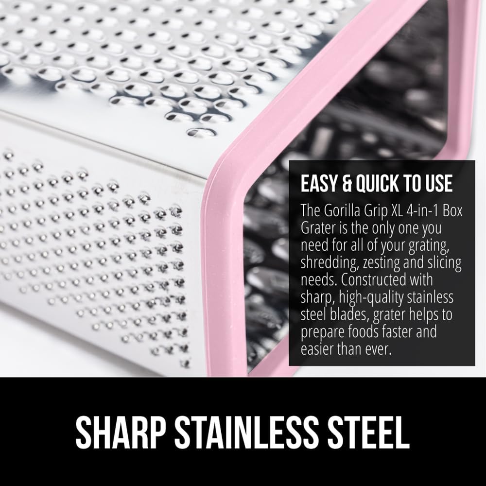 GORILLA GRIP 4-Sided 100% BPA-Free Cheese Grater With Container, Stainless Steel XL Box Graters, Parmesan Shredder, Grate Cheeses, Shred Veggies, Slip Resistant Handle, Dishwasher Safe Zester, Pink