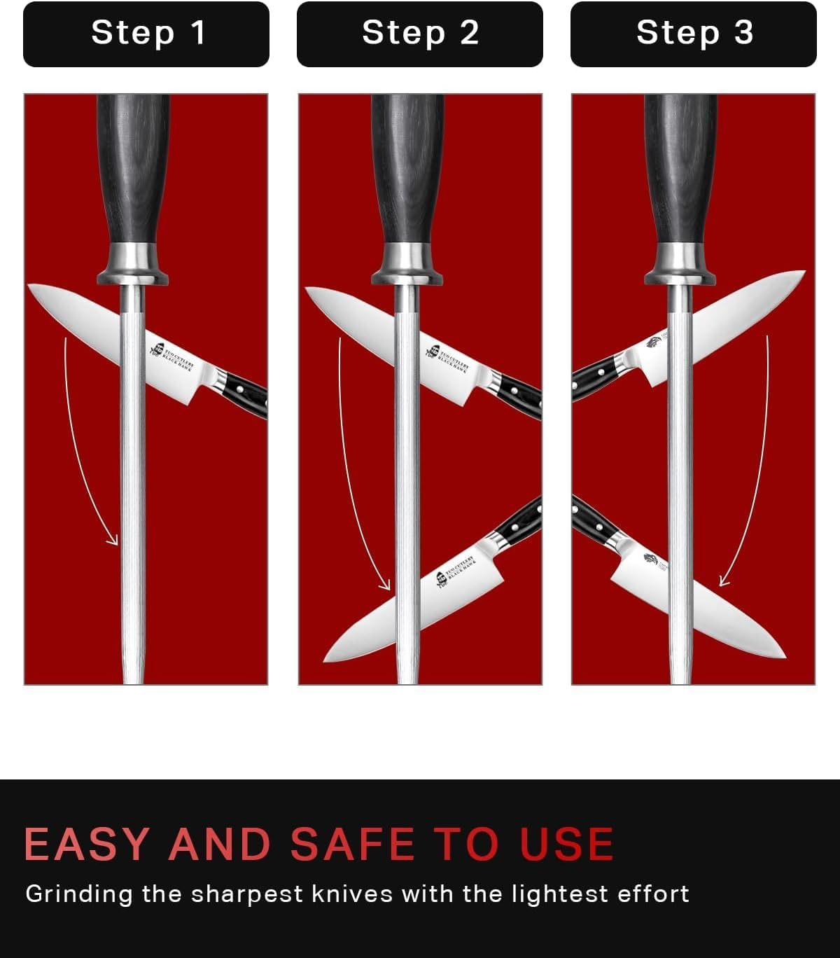 TUO Honing Rod, Knife Sharpening Rod 8 Inch, High Carbon German Steel Knife Sharpener with Ergonomic Pakkawood Handle, Premium Honing Steel for Kitchen Knives Blade Maintenance, Black Hawk Series