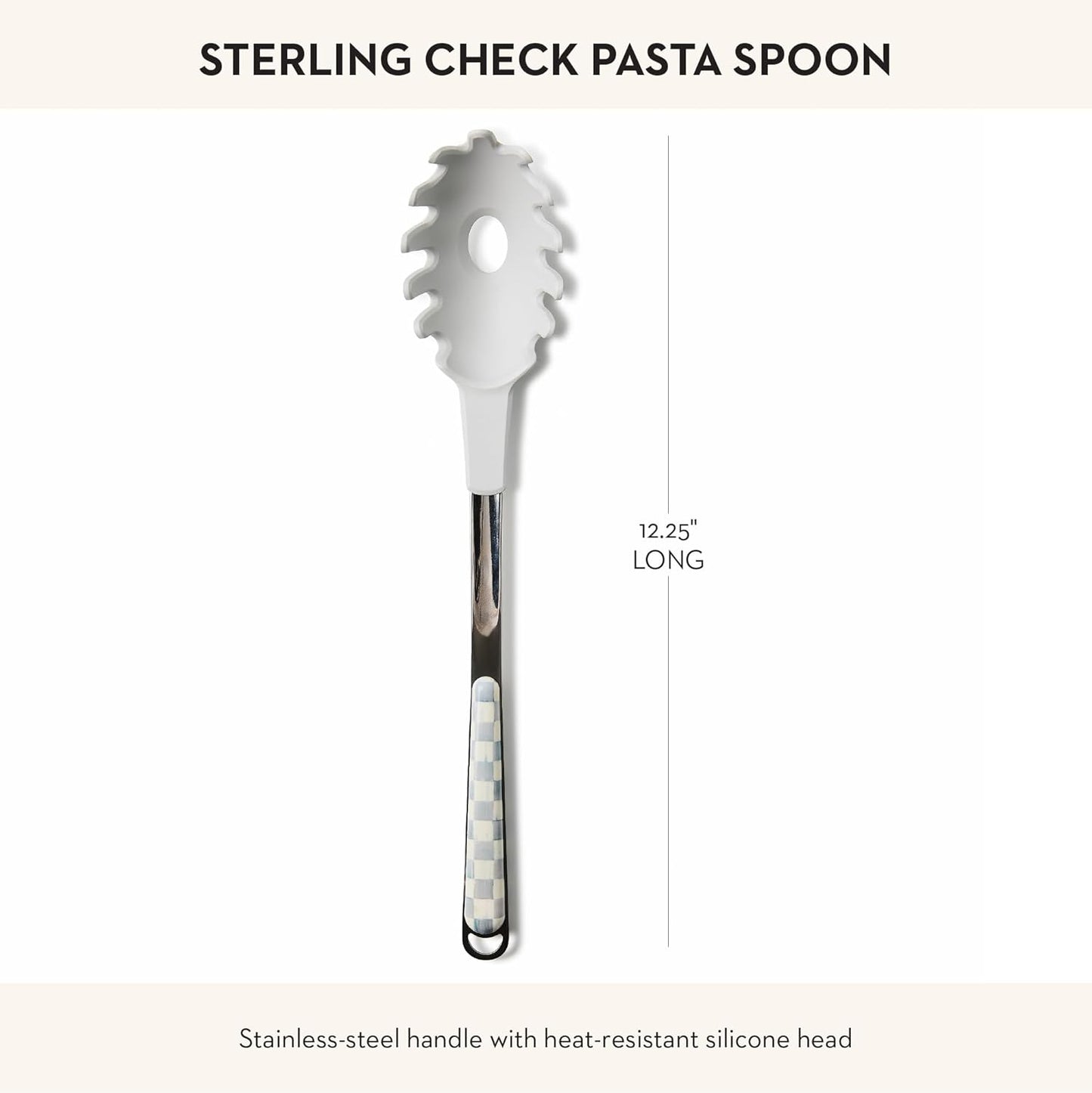 MACKENZIE-CHILDS Kitchen Pasta Spoon, Silicone Spaghetti Spoon, Gray-and-White Sterling Check