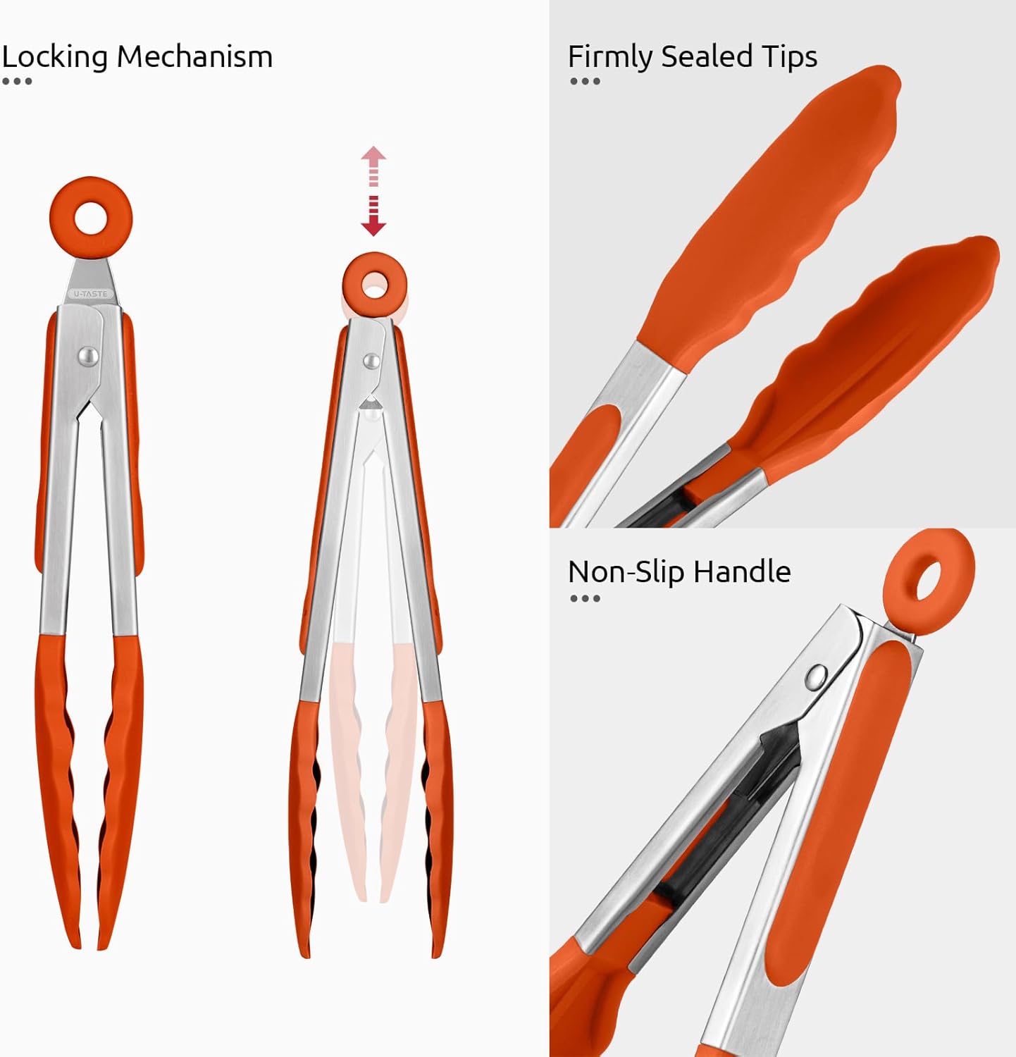 600ºF Heat Resistant Kitchen Tong: U-Taste 7 inch Silicone Cooking Tong with Firm Sealed Non Stick Rubber Tips & Silicon Coated 18/8 Stainless Steel Handle & Smooth Locking for Serving Salad (Orange)