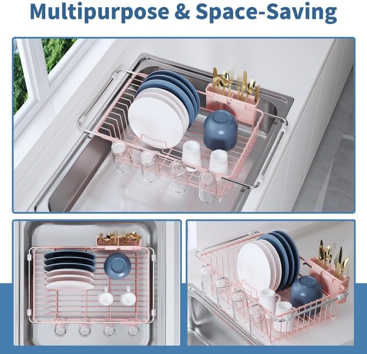 Over the Sink Expandable Dish Drainer Drying Rack In Stainless Steel for Small Kitchen, Counter Space Saving Compact Metal Above Plate Dryer Strainer, Pink Adjustable Hanging Inside Drain Holder