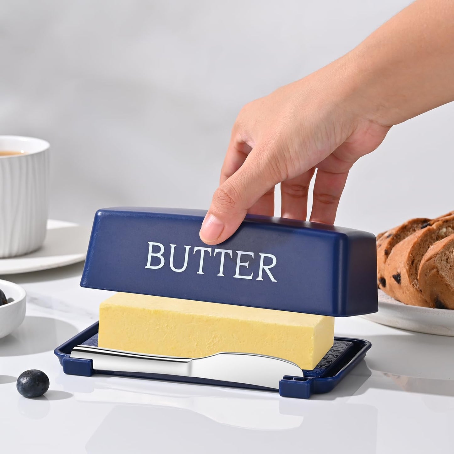 Butter Dishes With Lid And Stainless Steel Knife,Food Grade Plastic Butter Holder For Countertop,Blue Cheese Storage Keeper Container