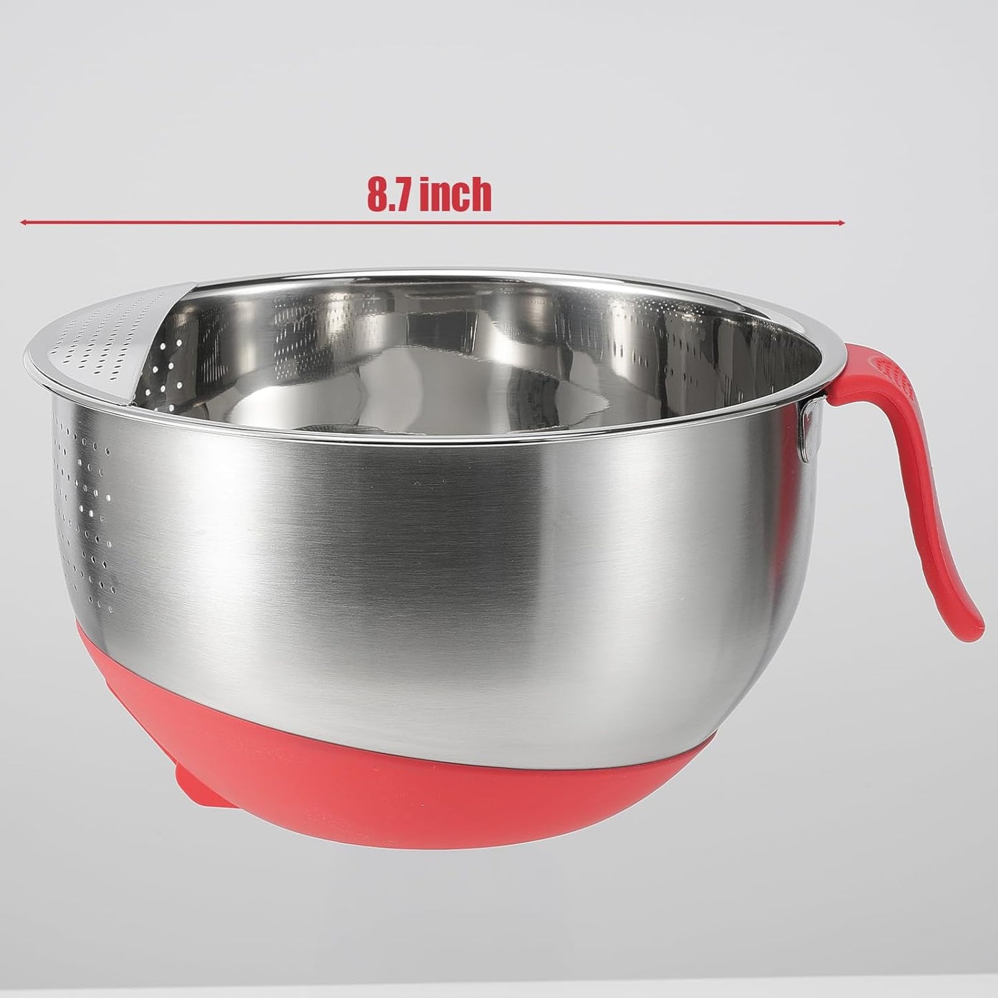 Rice Washer Strainer Bowl Quinoa Washing Bowl whit Handle Stainless Steel Colander Versatile Side Drainers for Cleaning Rinsing Fruits, Vegetables, and Beans - Tilting Non-slip Silicone Bottom, Red