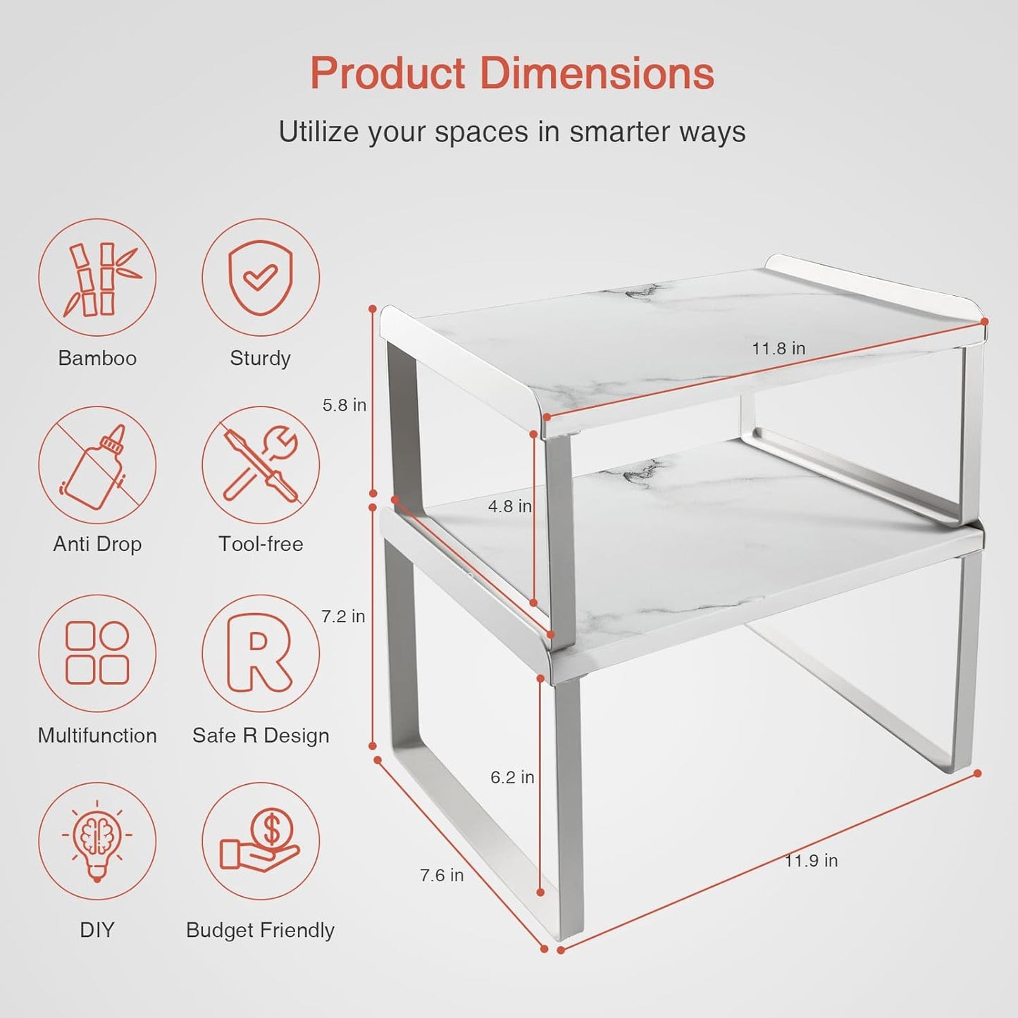 White Marble Kitchen Counter Shelf Organizer, Modern Dish Plate Organizer for Cabinet Space Saver, Small Wood Stackable 2 Tier Office Desktop Shelf Risers for Books Monitor - Set of 4