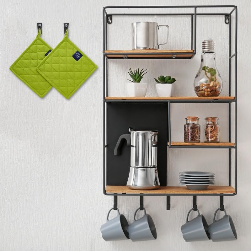 Encasa XO Heat Resistant Cotton Pot Holders with Hanging Loop - Set of 2 - Lime Green - Multipurpose Quilted Everyday Hot Pad for Kitchen, Camping, BBQ & Microwave - 8x8 in