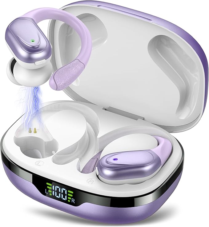 Ear buds Wireless Earbuds Bluetooth 5.3 Headphones 60hrs Playtime with Digital Display Sports Wireless Headphones with Earhook Deep Bass IPX7 Waterproof Over-Ear Earbuds for Android iOS Workout Purple