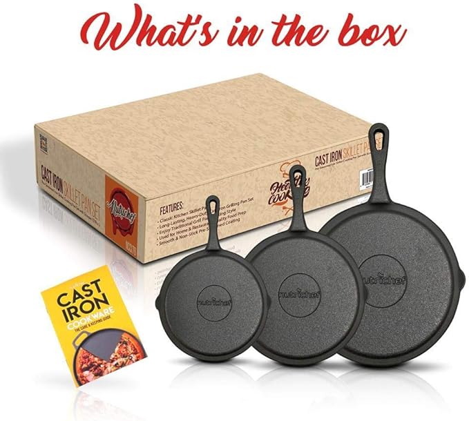 NutriChef Pre-Seasoned Cast Iron Skillet Pans - 3 Pieces Kitchen Frying Pan Nonstick Cookware Set w/Drip Spout - Includes Scraper - Electric Stovetop, Induction, Gas Range, Ceramic - NutriChef NCCI76