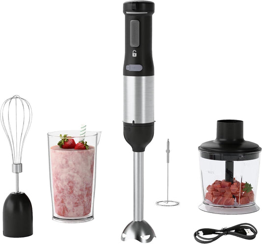 Cordless Immersion Hand Blender, 5-in-1 Variable Speed blender handheld,Rechargeable with 2000mAh Battery, BPA-Free & Dishwasher-Safe Accessories:700ml Beaker,Chopper,Whisk & Milk Frother,Black