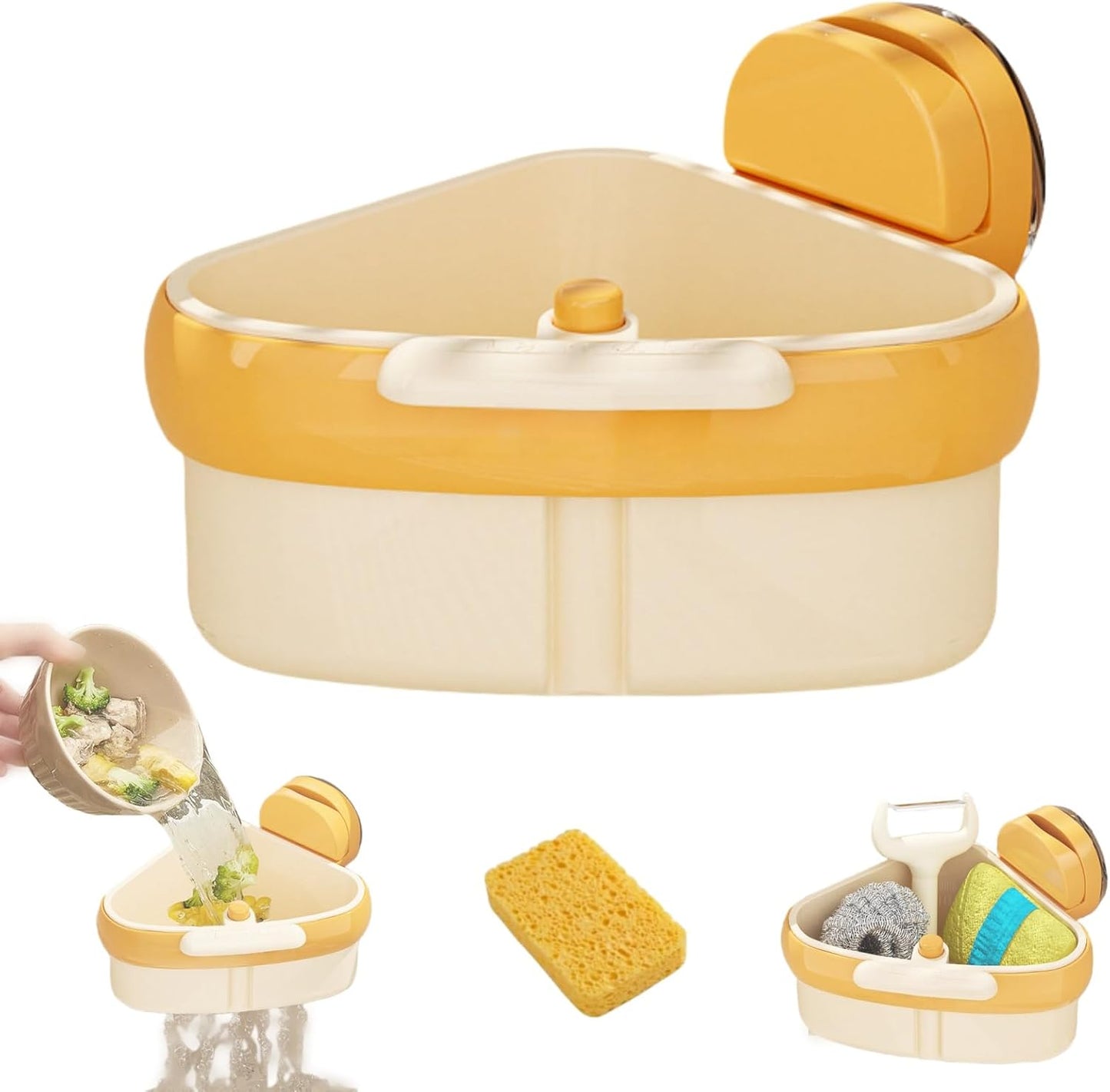 Suction Cup Sink Corner Rack, 2025 Upgraded Automatic Dumping Sink Strainer Basket, Suction Cup Press Sink Drainer Basket, No Drilling Corner Sink Strainer for Food Waste (Yellow, 1Pc)