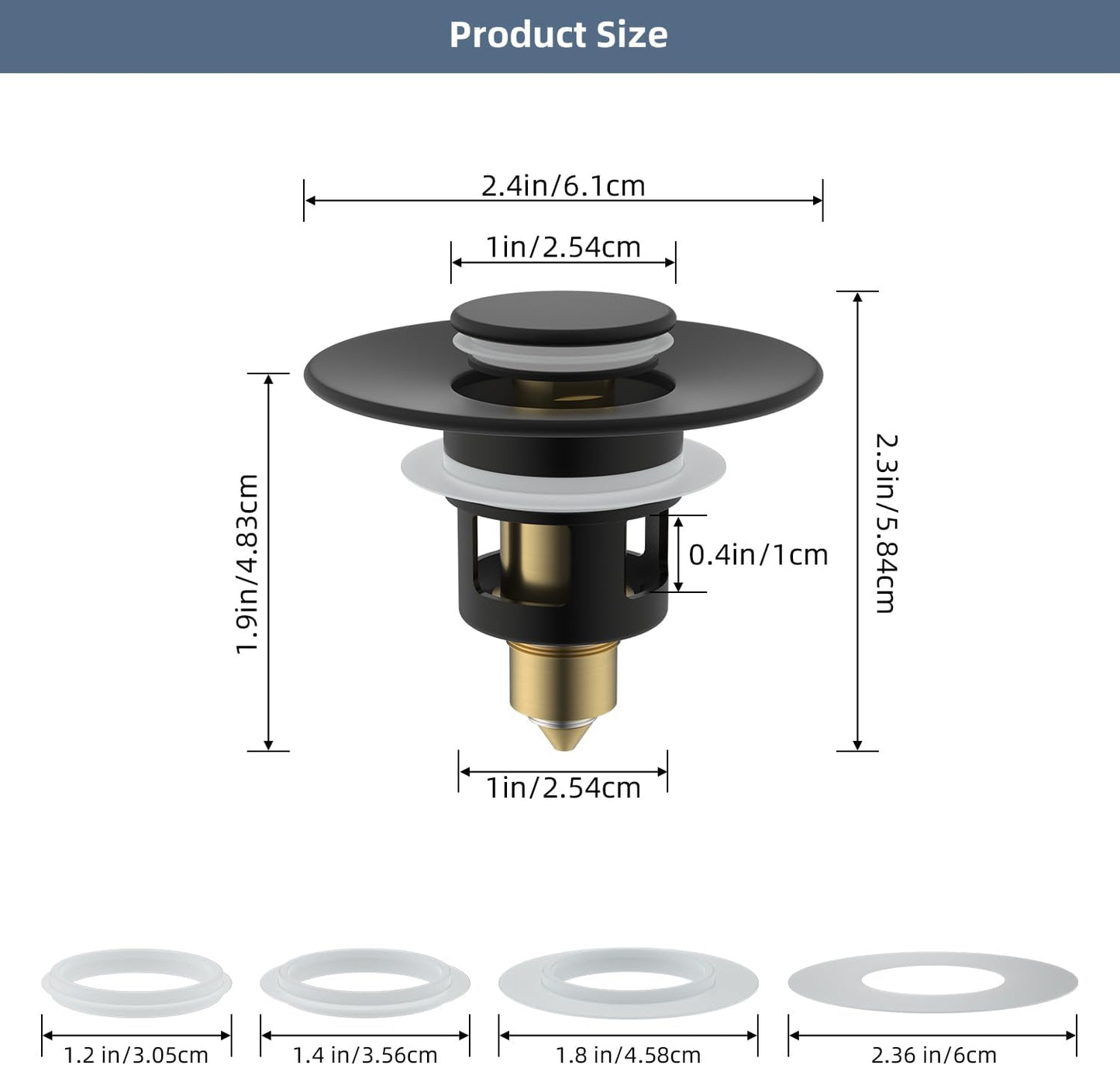 Hibbent All Metal Universal Bathroom Sink Stopper for 1.1''~2.3'' Basin, Pop Up Sink Drain Strainer, Brass Bullet Core Push Type Stopper, Stainless Steel Anti Clogging Drain Filter, Matte Black