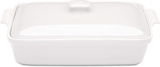 Stoneware Casserole Dish Bakeware Set with Lid, Covered Rectangular Dinnerware, Large 3.2 Quart, 11 by 9 Inch, Bianco [White]