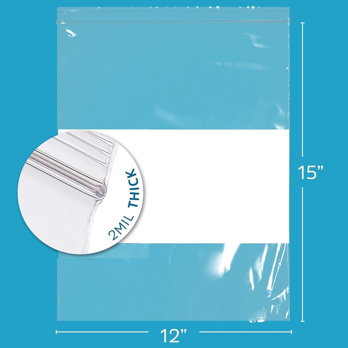 12" x 15" Large Zip Bags, 2 Mil Thick Clear Plastic Reclosable Zipper Lock Bags with Write-on White Block, with Resealable Zip Top Lock for Food Storage & Office Supplies, 100 Count