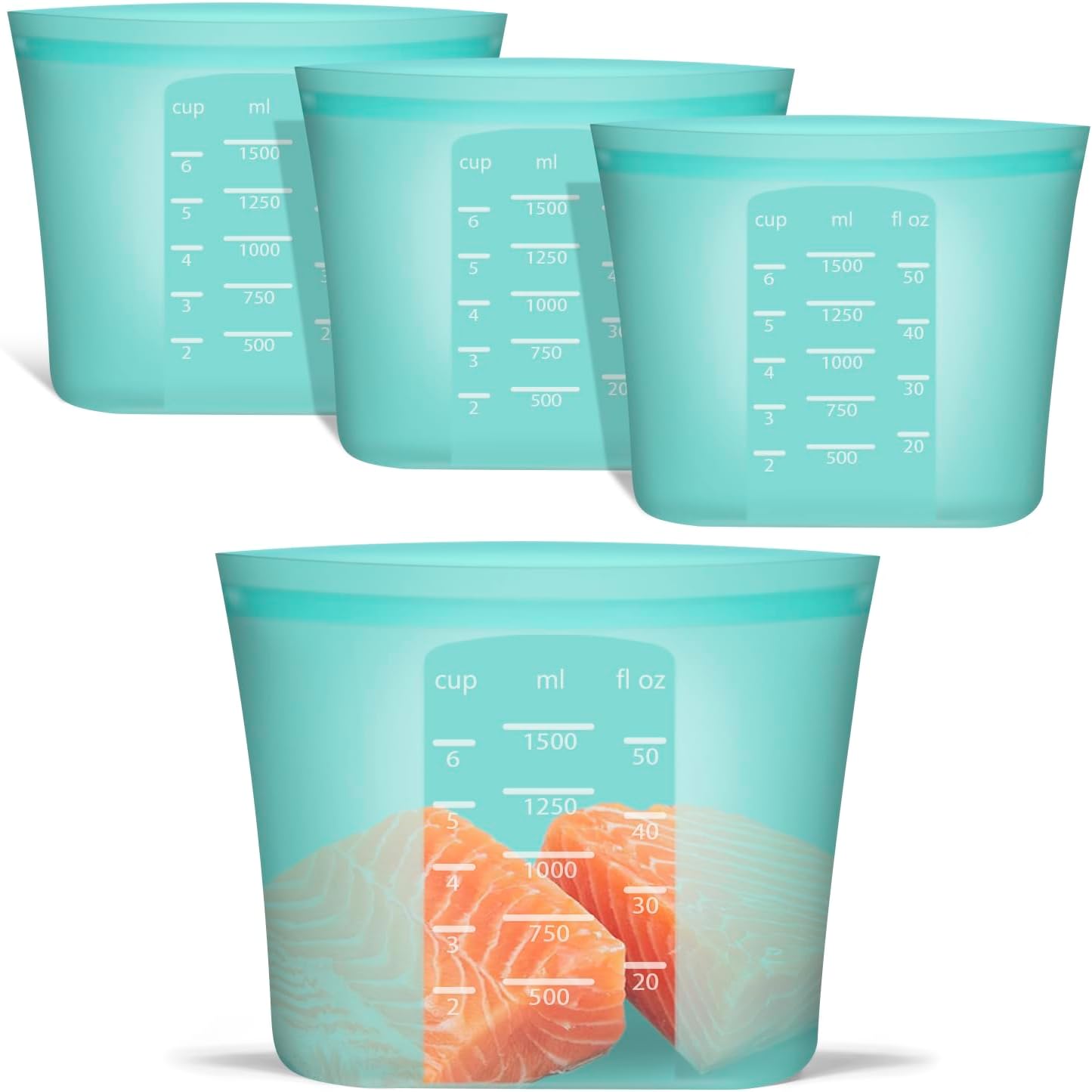 Large Reusable Storage Bag, 4 Pack 100% Silicone Food Storage Bags Stand Up Silicone Zip Lock Bags for Food Container, Freezer Microwave Oven Dishwasher Safe, Aqua, 50.7oz/ 1500ml