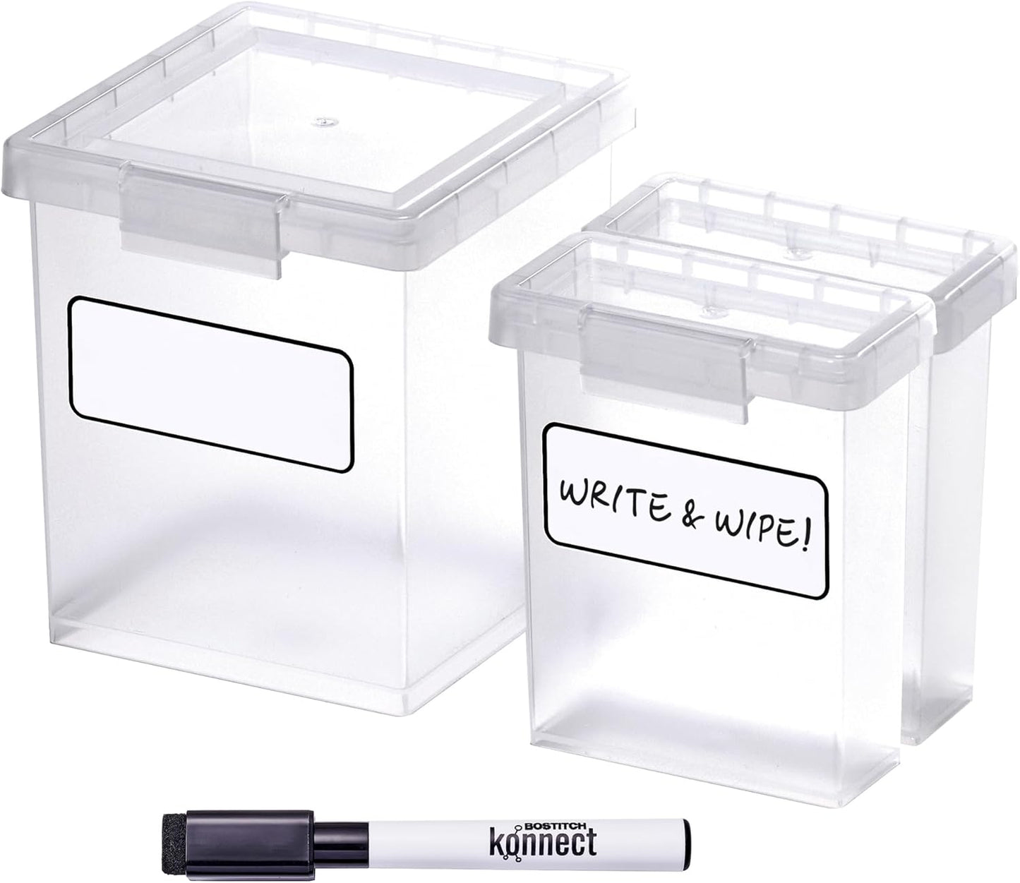 Bostitch Konnect Storage Containers with Lids, Organizer, Clear Plastic Box, Stackable Nesting Bins, 3-Piece Bundle, 1 Medium, 2 Small