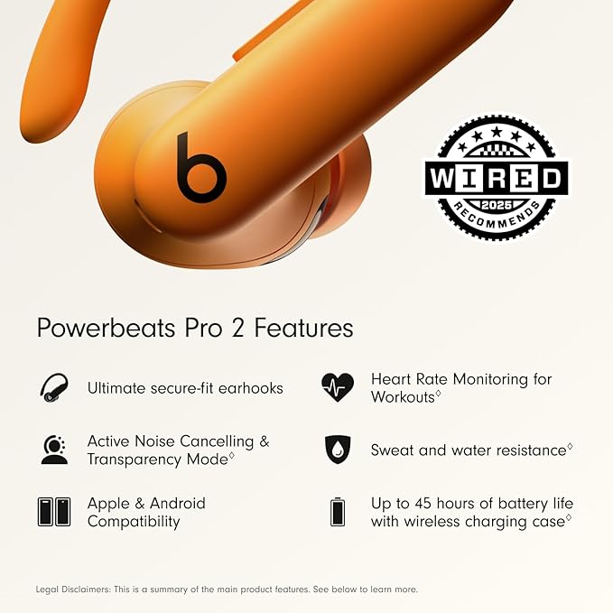 Beats Powerbeats Pro 2 Wireless Bluetooth Earbuds - Noise Cancelling, Heart Rate Monitor, IPX4, Up to 45H Battery & Charging Case, Works with Apple & Android - Electric Orange