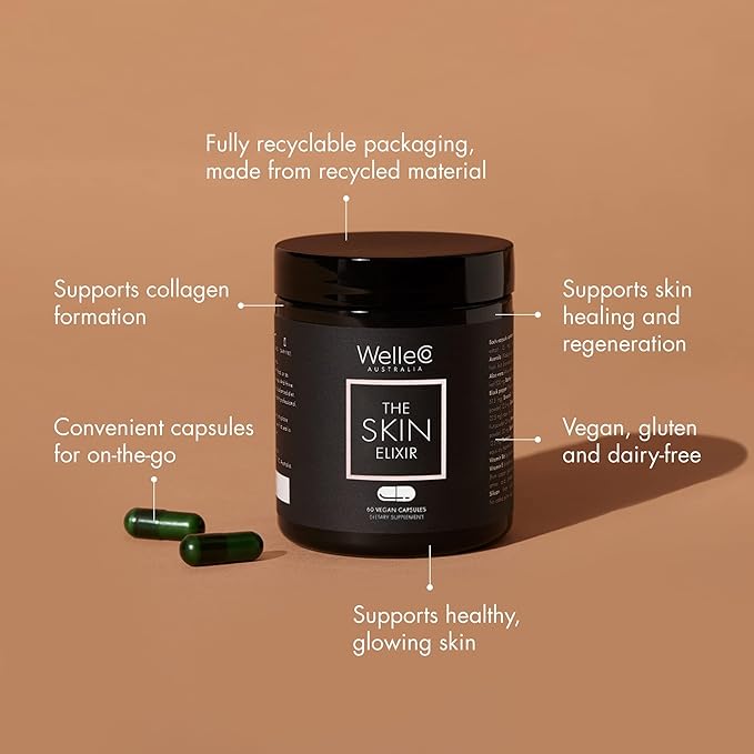 WelleCo The Skin Elixir Greens Powder Capsules with Zinc, Turmeric, Essential Skin Food, Supports Collagen Formation, Gluten Free & Vegan Glowing Skin Supplement, Firmness & Elasticity, 60 Capsules